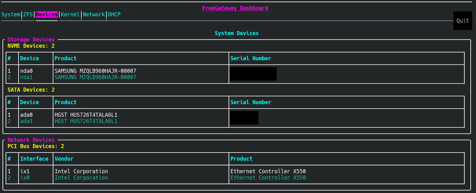 System Dashboard, Devices tab: NVMe and SATA storage devices and network interfaces